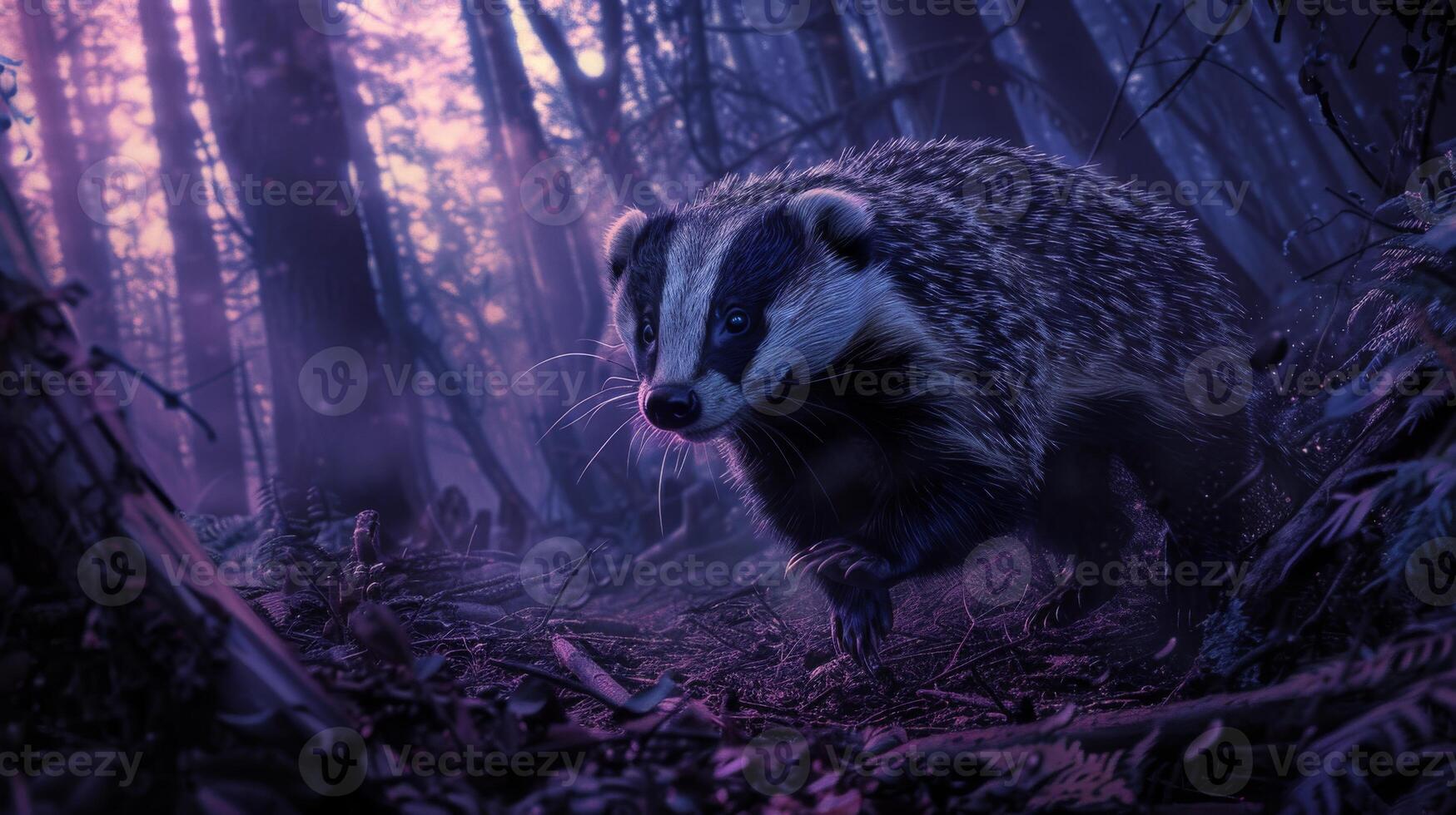 Badger Running Through Dense Forest at Dusk Wildlife Animal Photography photo