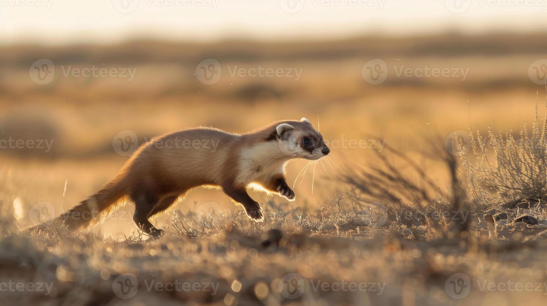 Black Footed Ferret Running Through Prairie Dog Town at Sunset photo