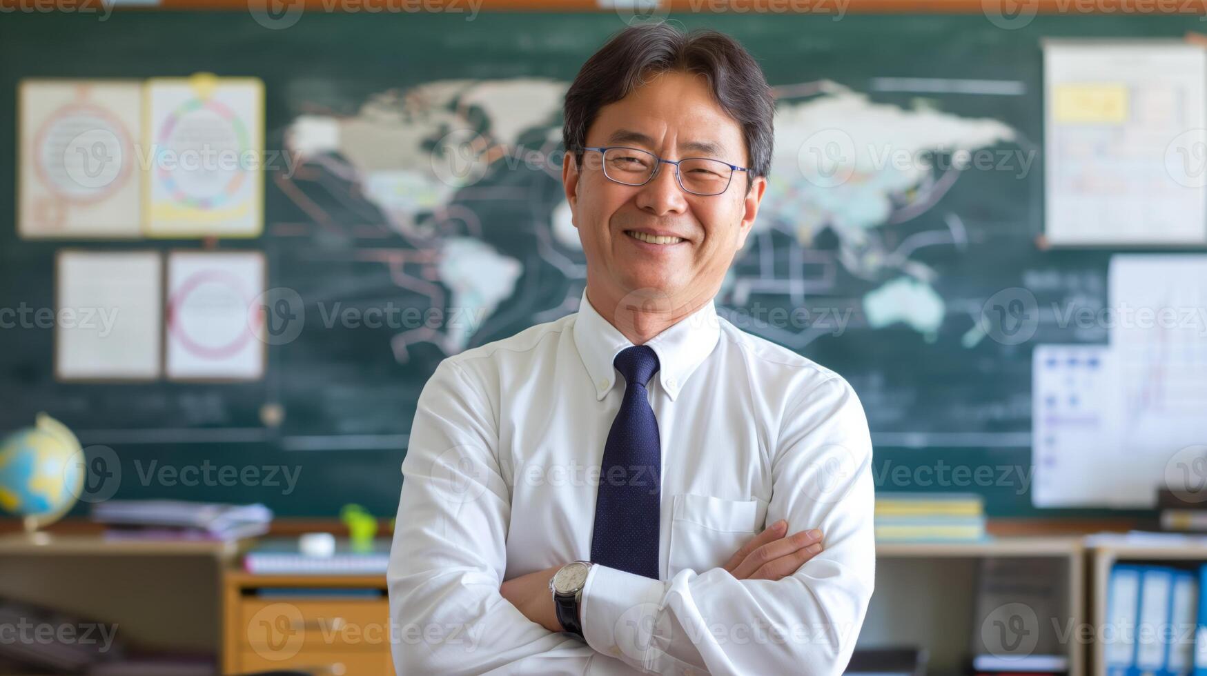 Korean School Teacher Smiling in Classroom with World Map and Chalkboard Ideal for Educational, Learning, and Academic Themes photo