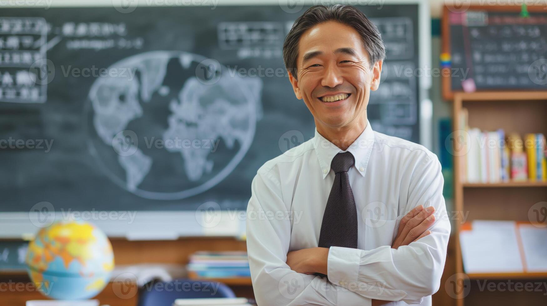 Smiling MiddleAged East Asian Male School Teacher in Classroom, Educational Environment, Perfect for Learning and Teaching Concepts, Classroom Posters, and Print Designs photo