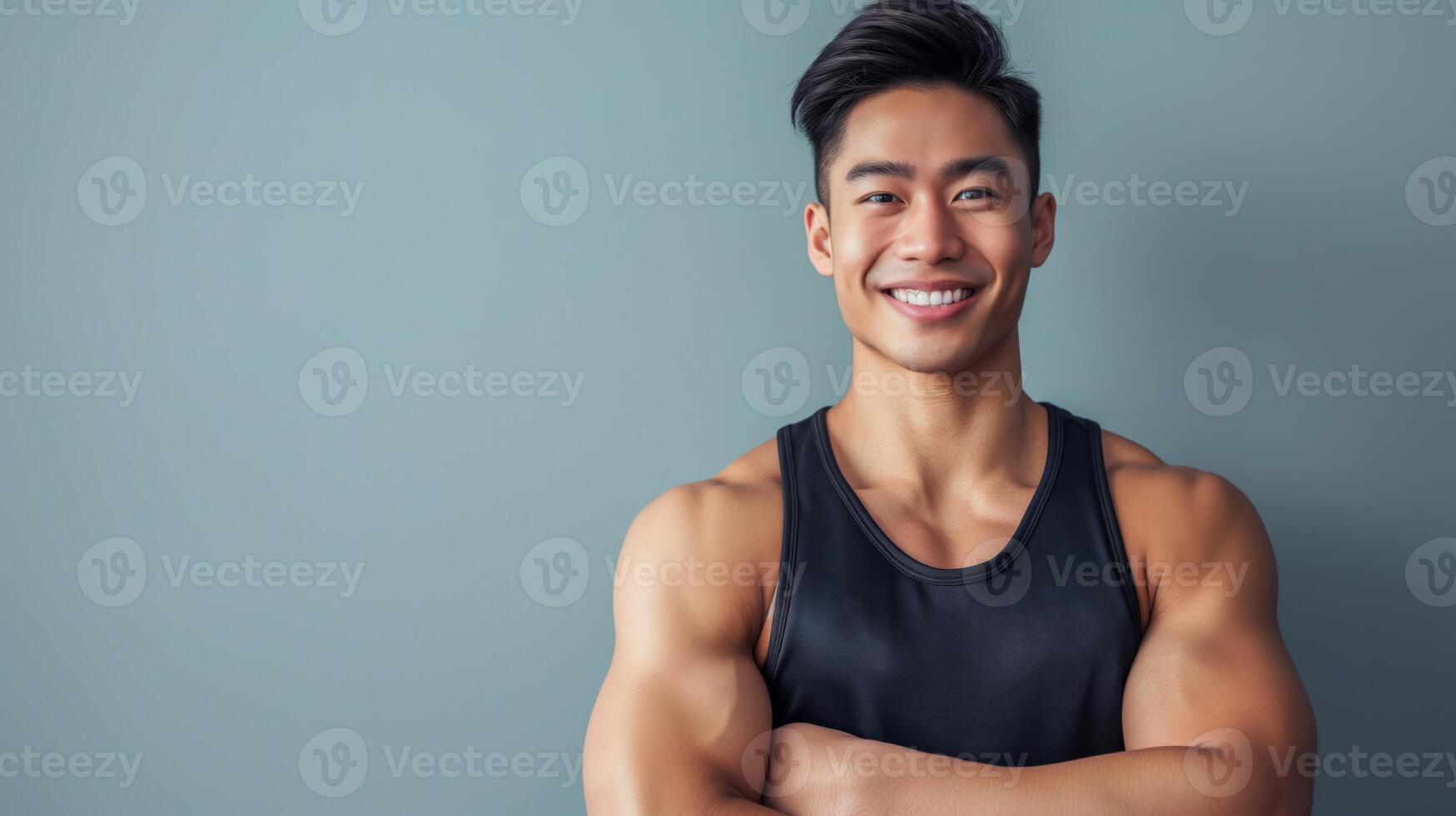 Fit and Smiling Young East Asian Man in Fitness Attire, Perfect for Health and Wellness Promotions, Fitness Inspired Marketing, and Gym Campaigns photo