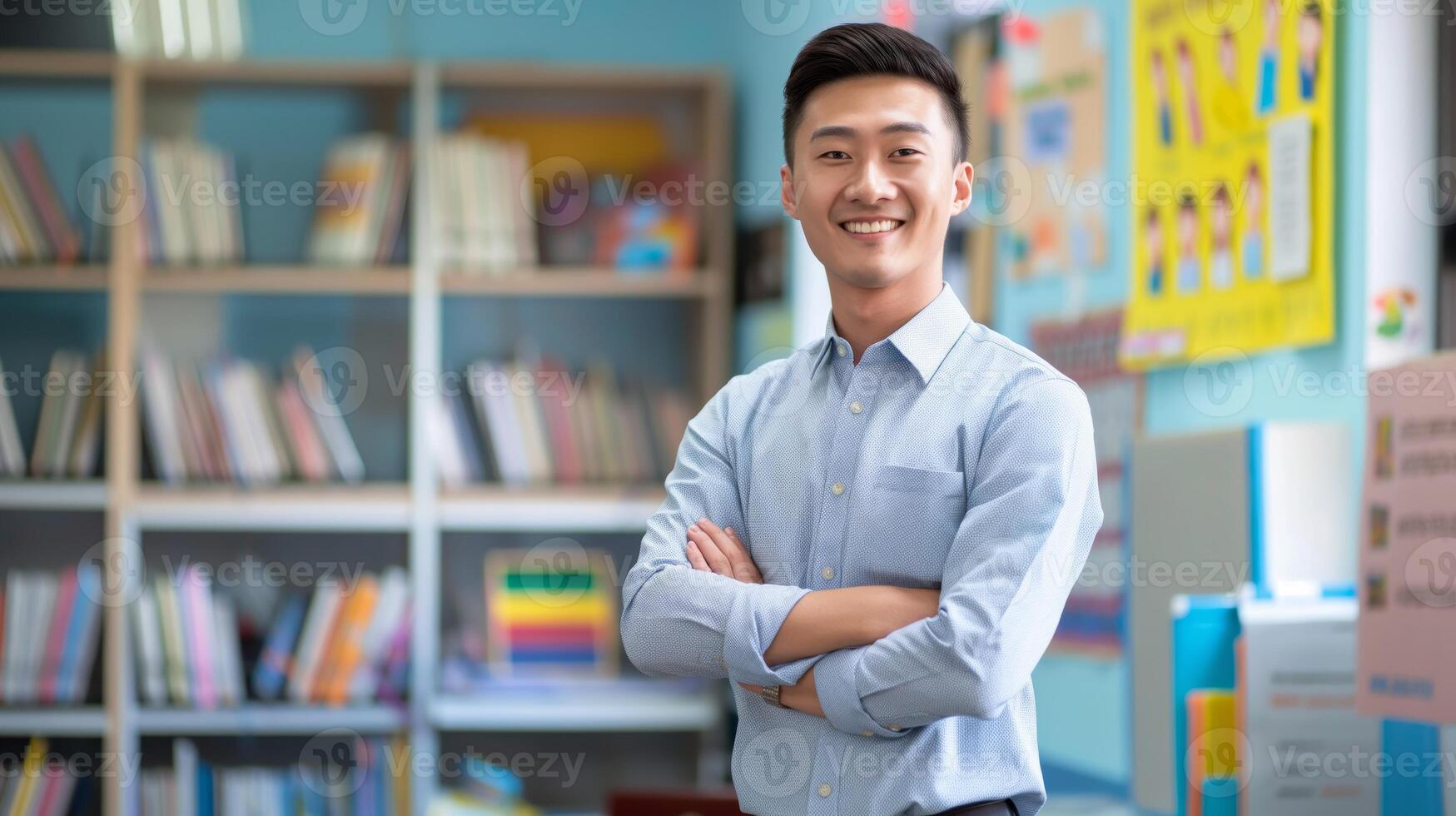 Confident Male East Asian Teacher in Classroom Surrounded by Books and Educational Materials photo