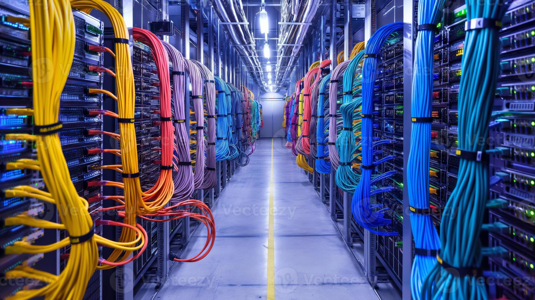 HighTech Data Center Server Room with Colorful Network Cables Arrangement and Server Racks photo