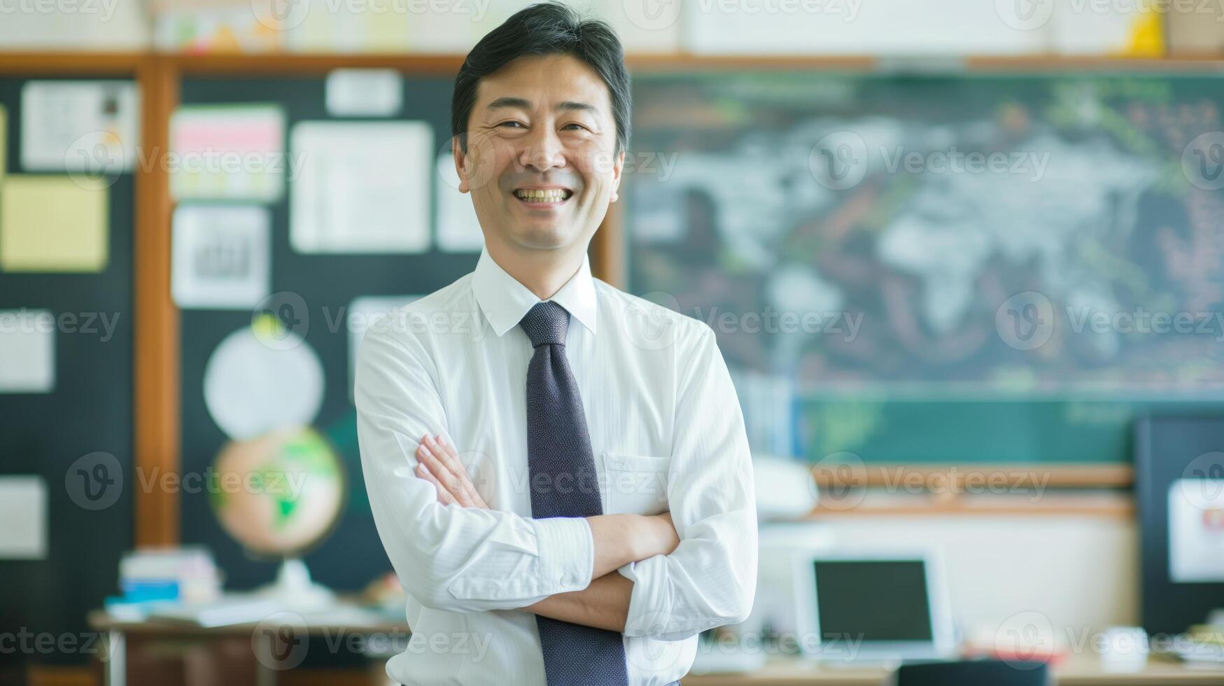 Confident MiddleAged Japanese Teacher Smiling in Classroom with World Map Background, Education Concept photo