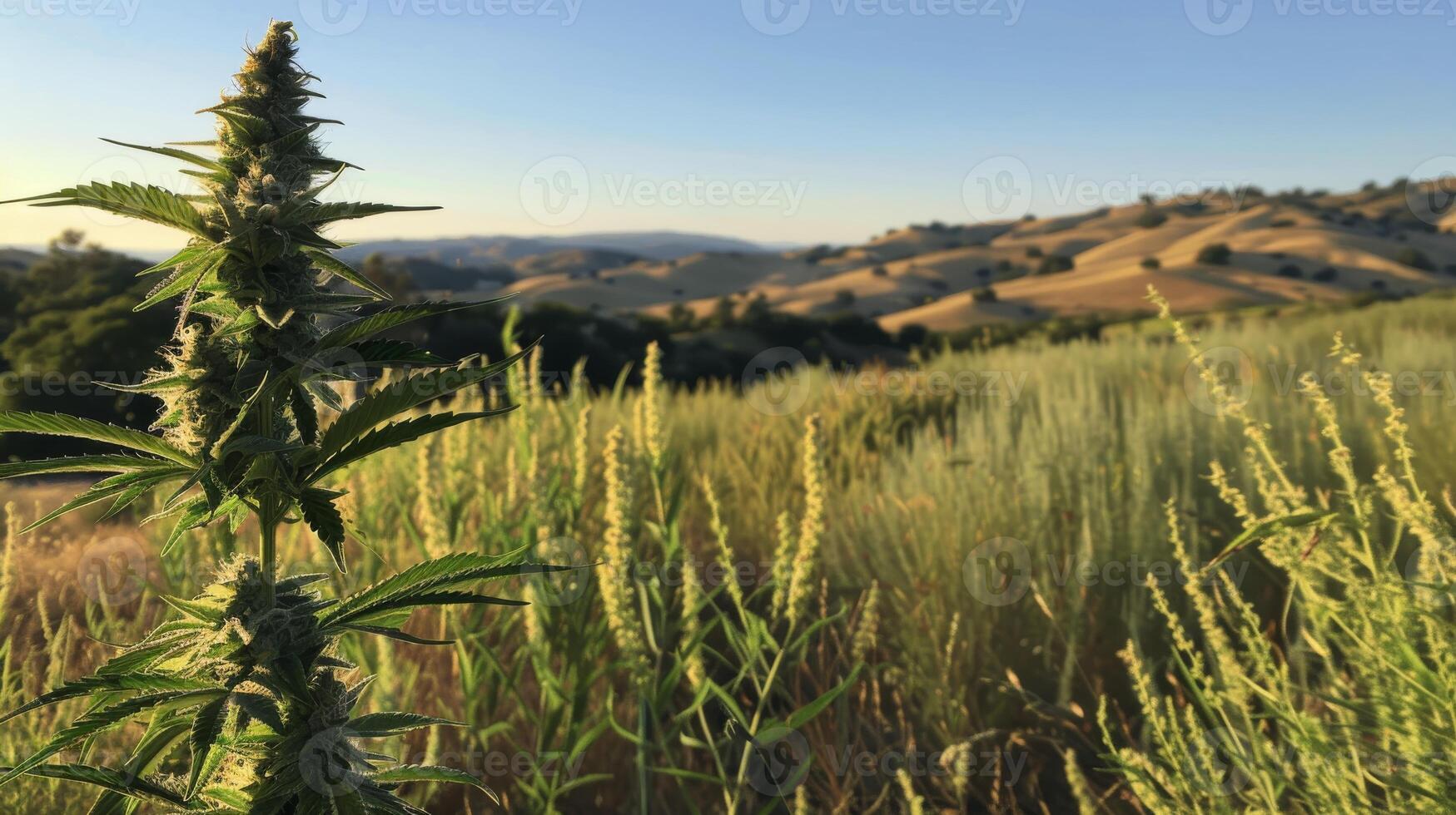 Cannabis Plant in Natural Landscape, Rolling Hills, Rustic Outdoor Scene, Ideal for Print or Poster Design photo