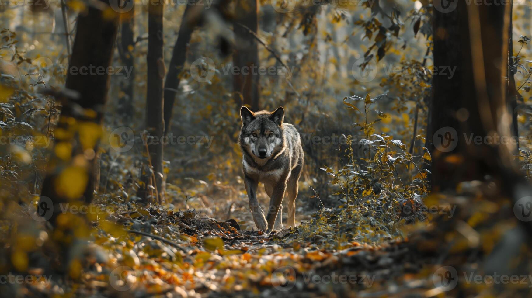 Wolf in Dense Forest with Autumn Foliage, Wildlife Photography, Perfect for Nature Appreciation, Poster or Card Design photo