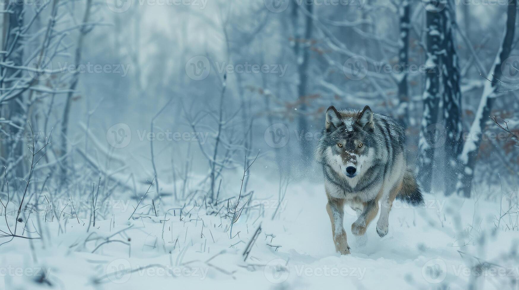 Majestic Wolf Running Through Snowy Forest During Winter Cold Season Perfect for Wildlife Posters and WinterThemed Designs photo