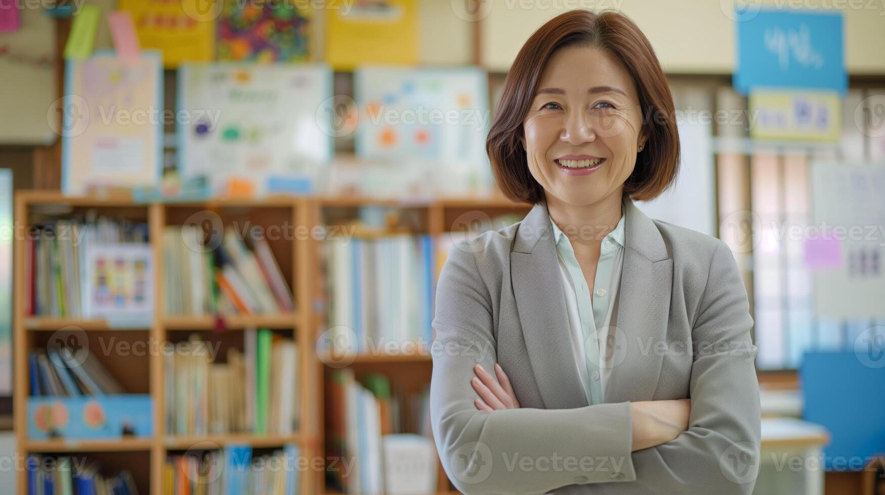 Enthusiastic MiddleAged Asian Female Teacher with Short Hair Smiling in Modern Classroom Setting photo