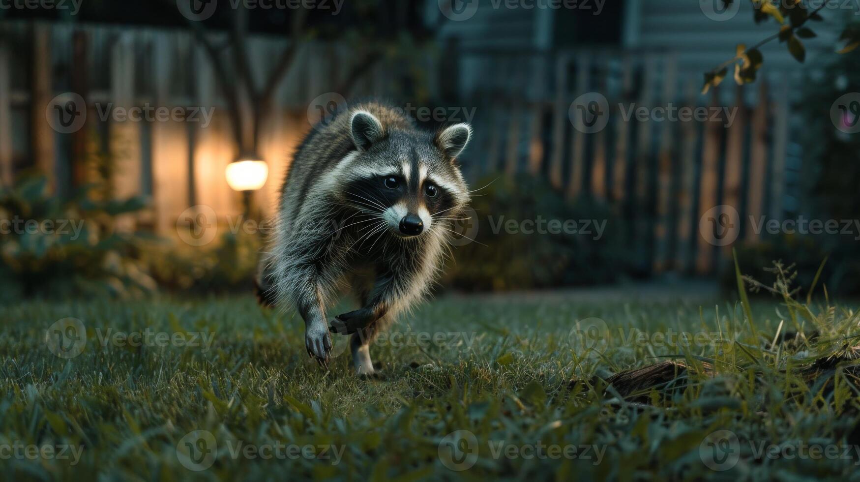 Raccoon Sprinting Through Suburban Backyard at Night, Nature Wildlife Photography photo