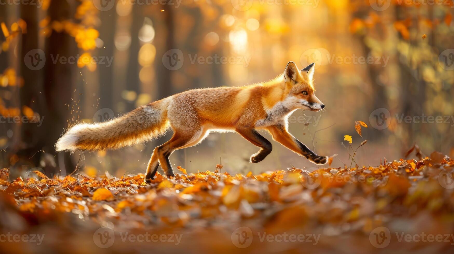 Red Fox Darting Through Autumn Forest for Nature Photography and Wildlife Observation photo