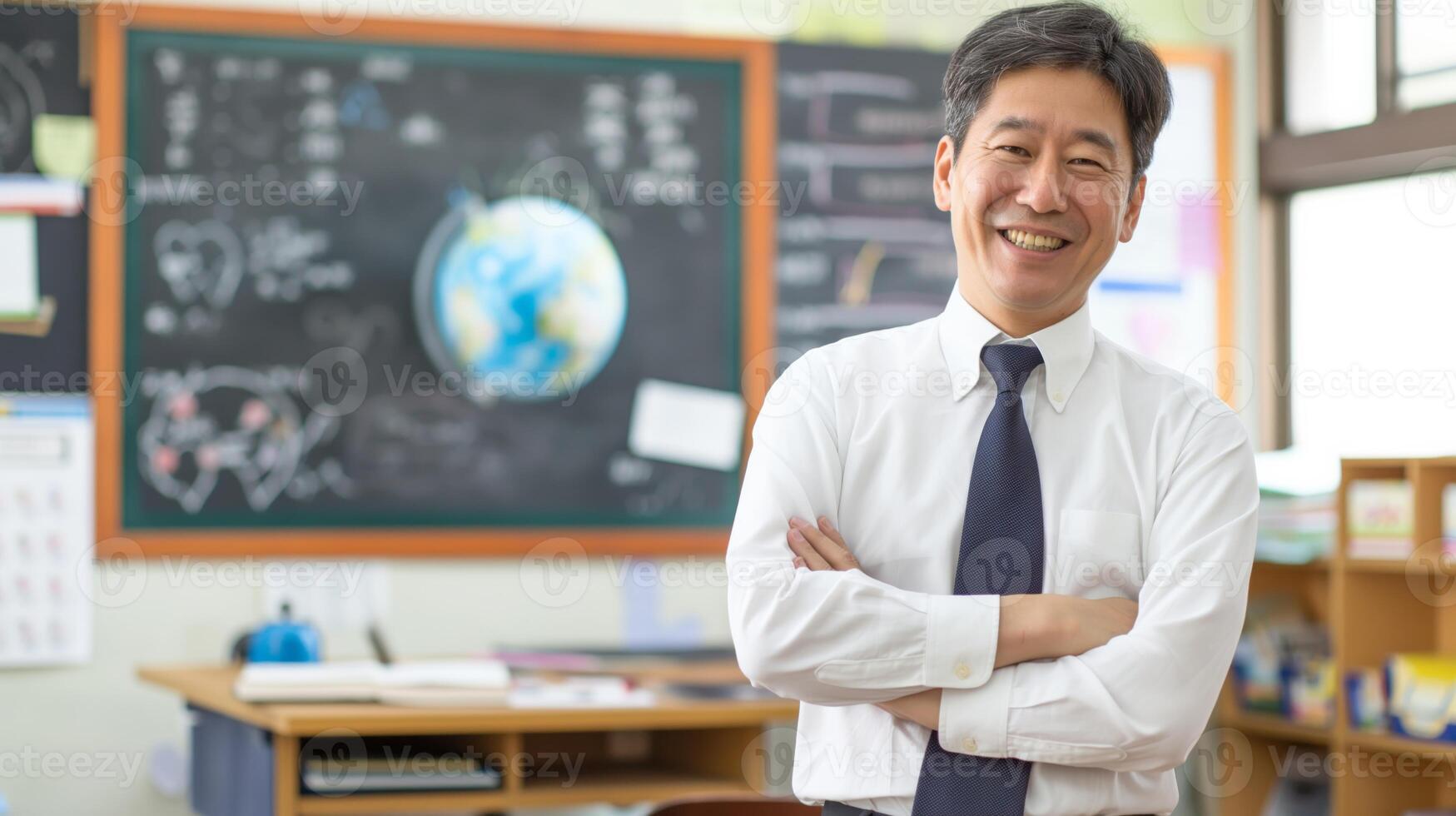 Smiling MiddleAged East Asian Male School Teacher in Classroom with Chalkboard and Globe for Educational Design photo