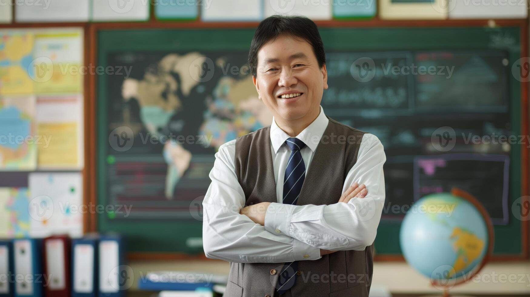 Middle Aged Chinese Male Teacher in Classroom with World Map, Chalkboard, and Globe Educational Atmosphere and Professionalism photo