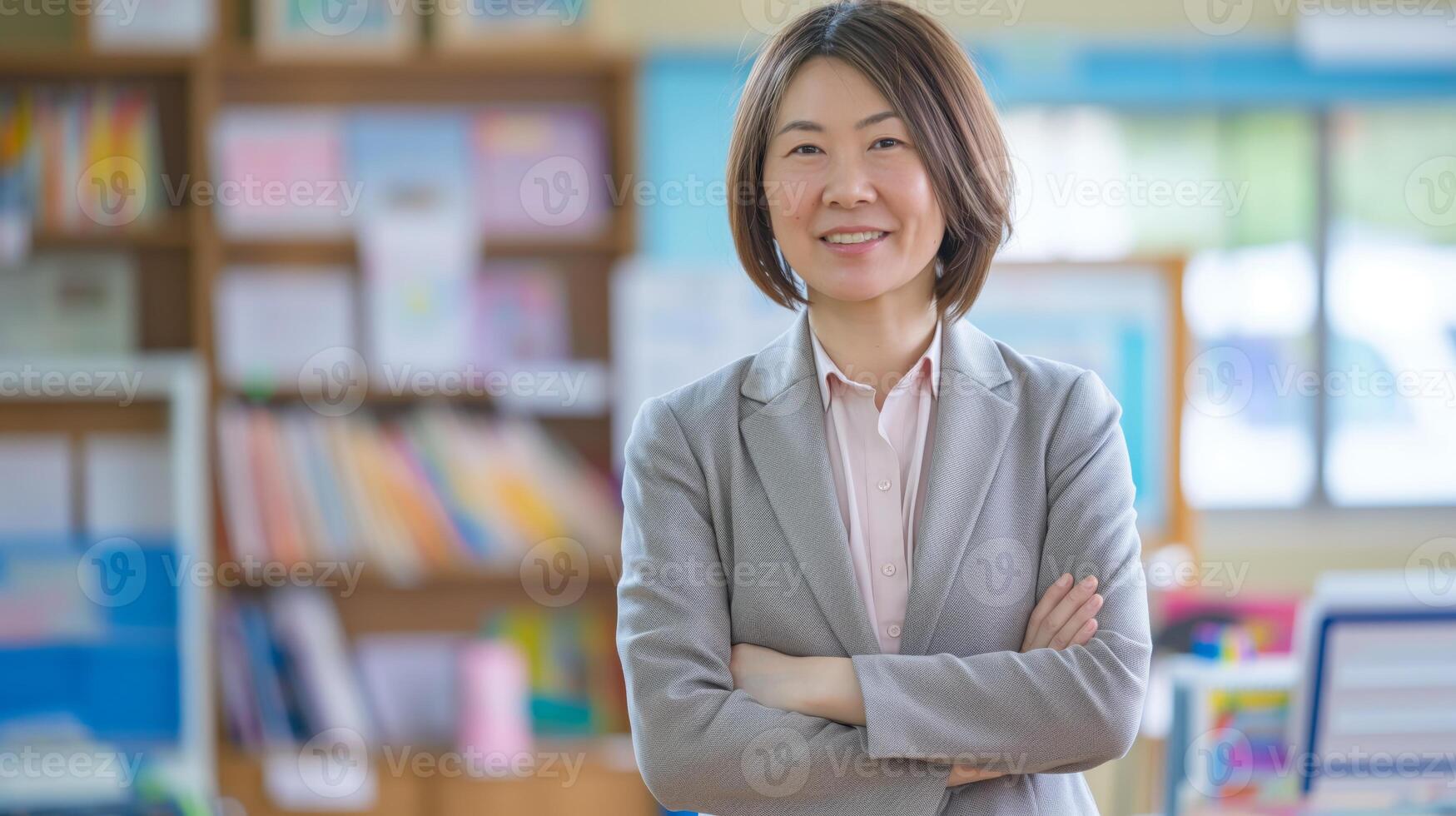 Confident MiddleAged Japanese Female School Teacher in Classroom, Education Concept photo