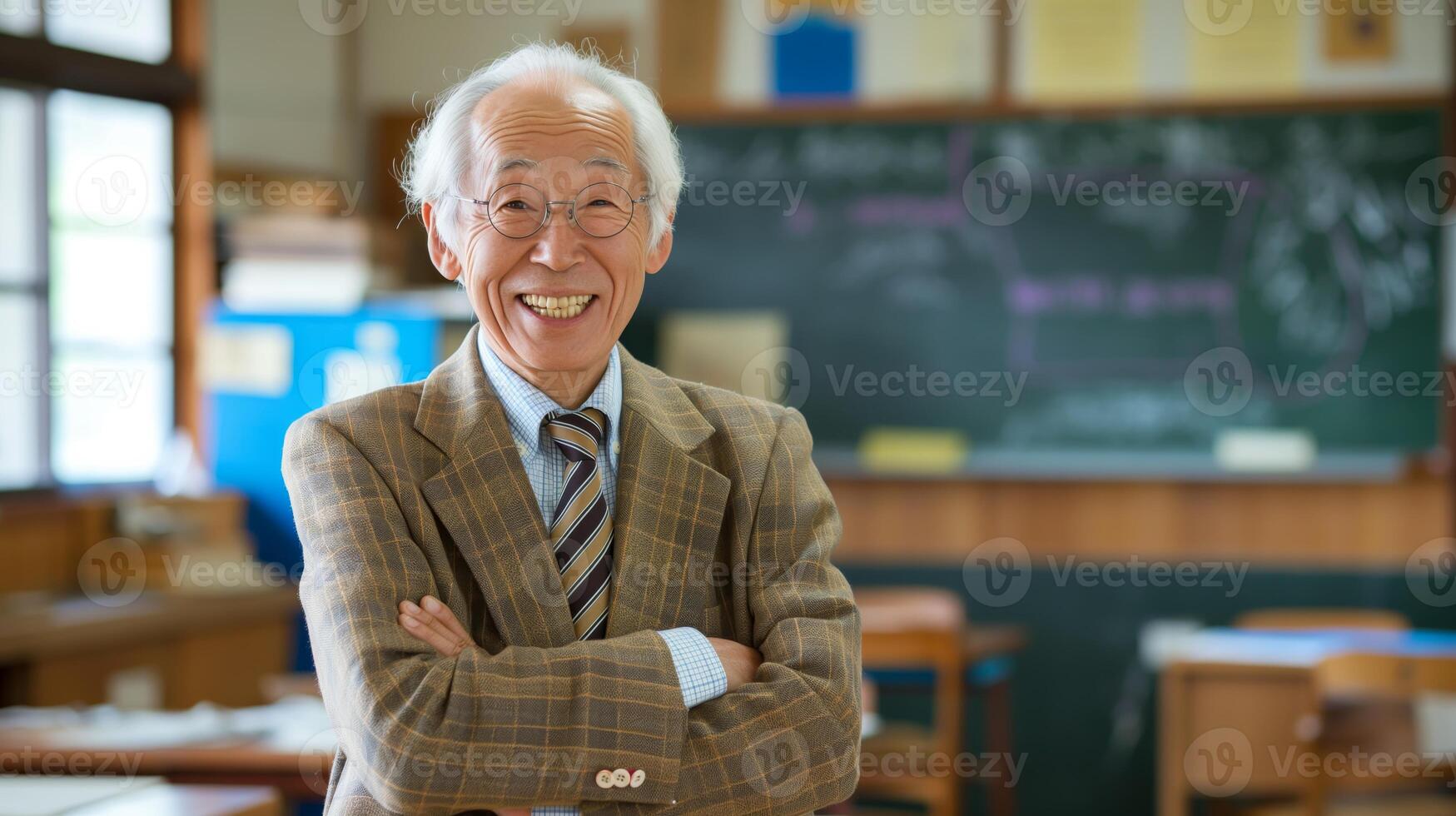Smiling Elderly East Asian Male School Teacher in Classroom Setting for Educational Posters and Content photo