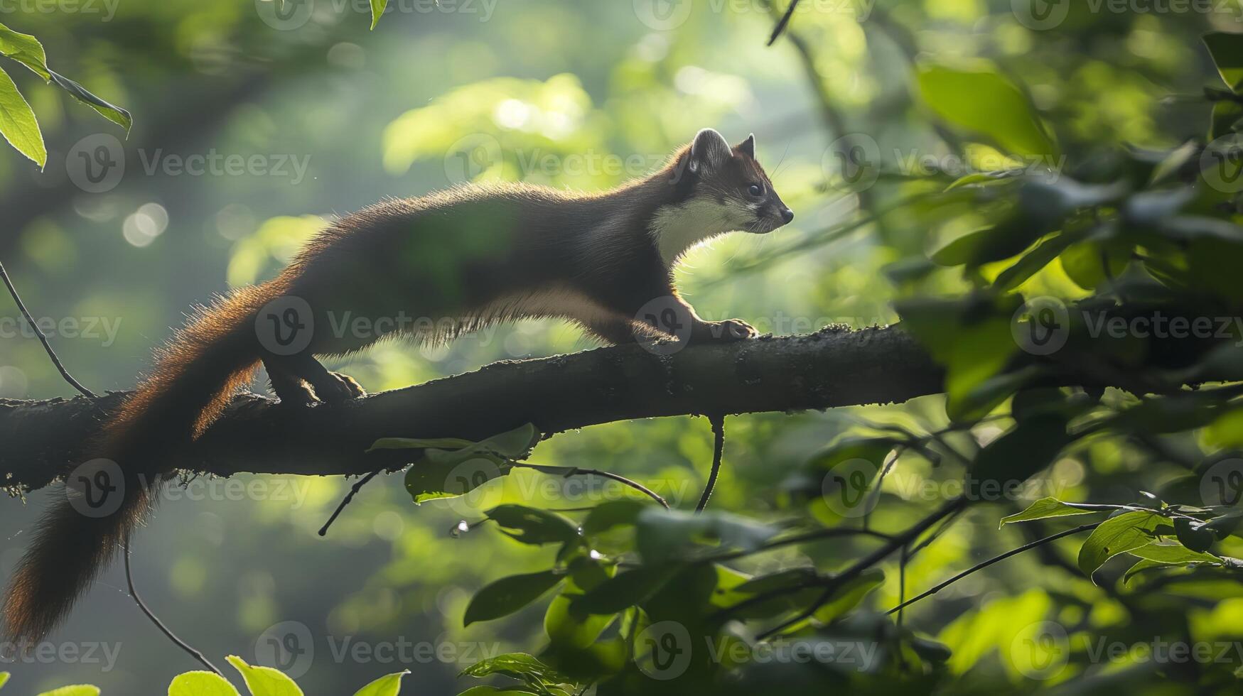 Pine Marten Stealthily Traversing Sunlit Forest Branch Amidst Lush Greenery Nature and Wildlife Photography for Posters, Prints, Cards photo