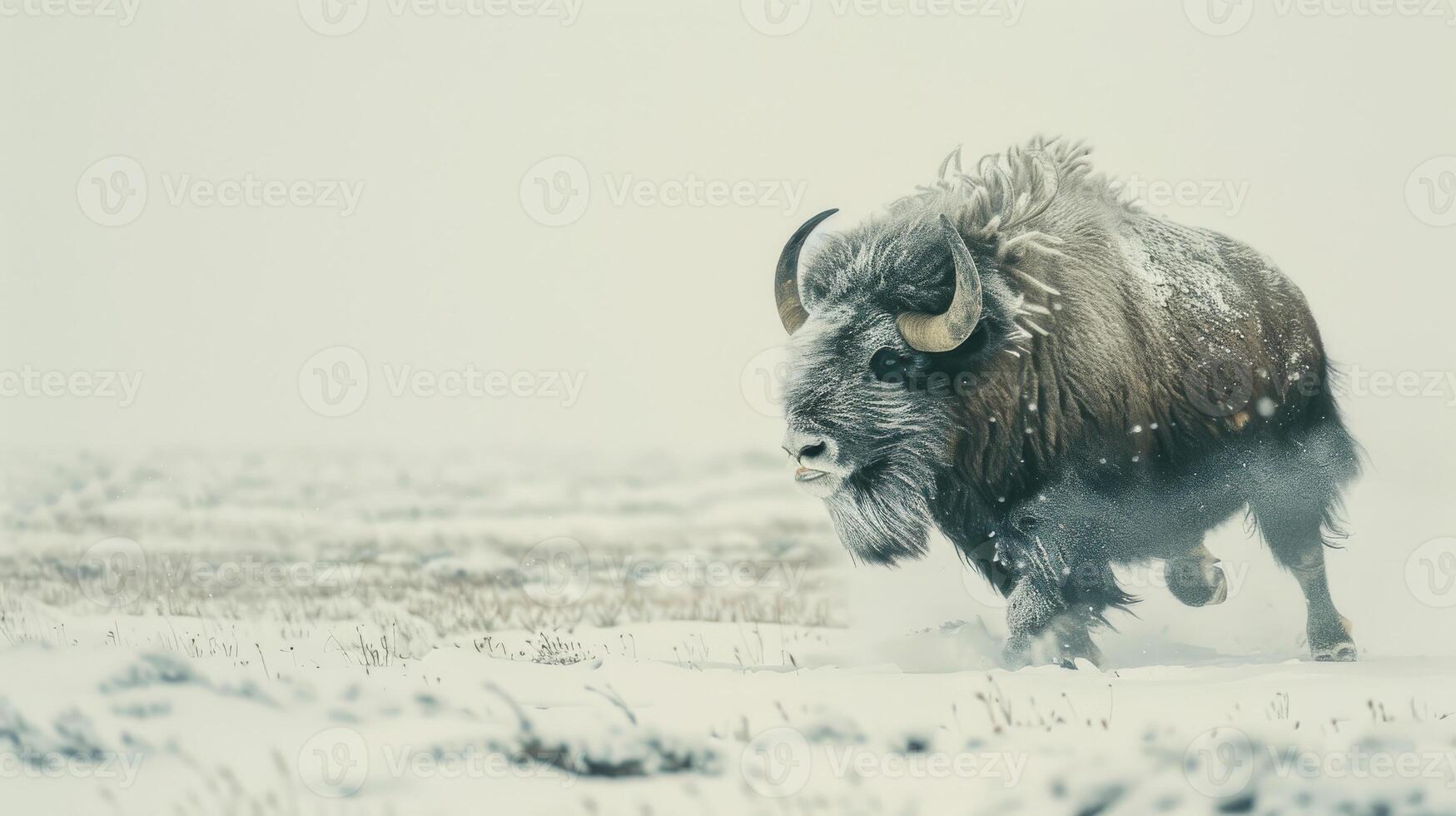 Powerful Musk Ox Charging Through a Snowy Tundra Winter Wildlife Scene Nature Photography photo