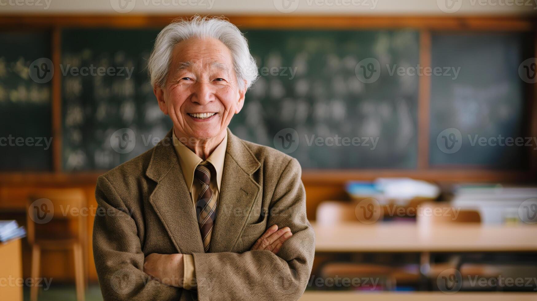 Elderly East Asian Male School Teacher Smiling in Classroom, Education and Mentor Concept photo