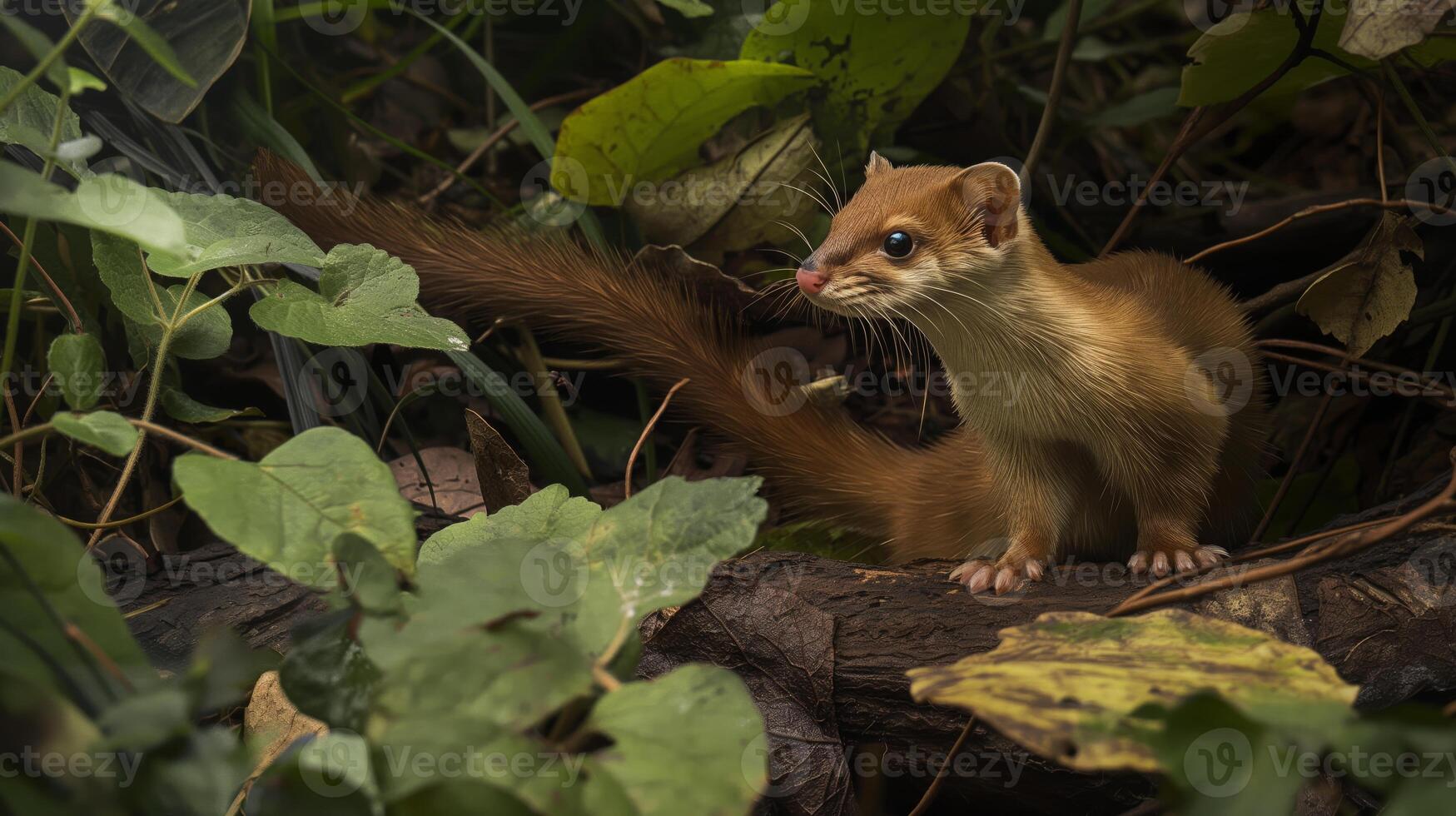 Slender Weasel Darting Through Dense Underbrush Amid Lush Green Foliage in Natural Habitat Suitable for Wildlife Posters and Educational Materials photo