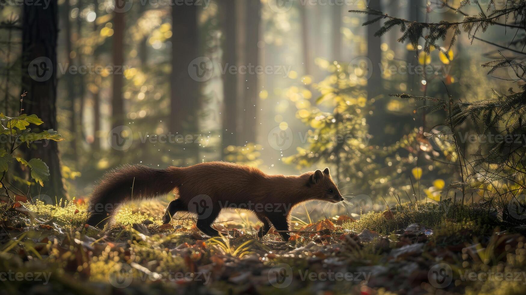 Pine Marten in Sunlit Forest Soil Scene, Wildlife Photography for Nature Conservation Projects and Environmental Awareness Campaigns photo