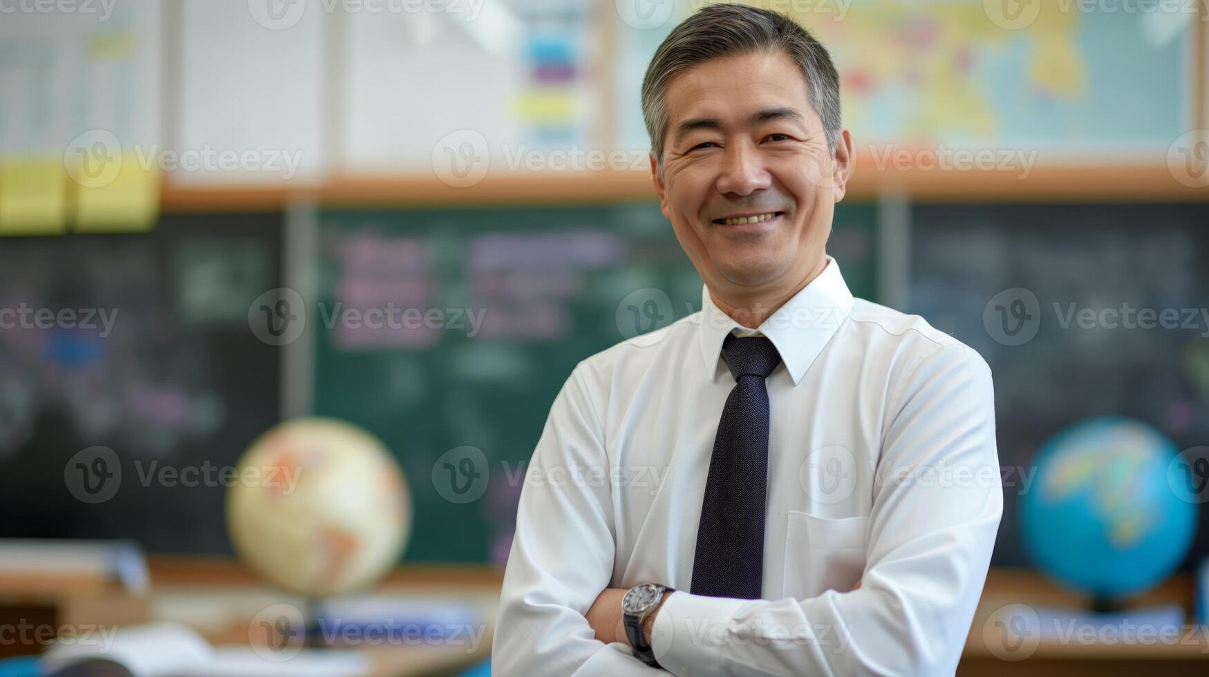 MiddleAged East Asian Male School Teacher Smiling in Classroom with Globes, Blackboards, and Maps, Ideal for Educational and Professional Themes photo