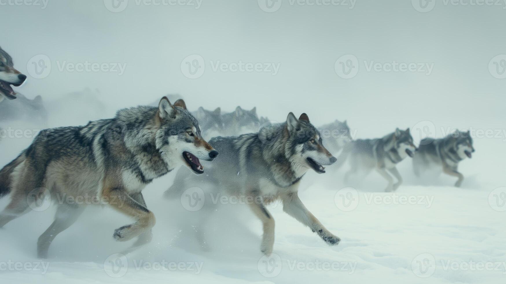 Pack of Wolves Running Through Snowy Landscape, Winter Wildlife, Nature Scene for Posters, Cards, and Print Design photo