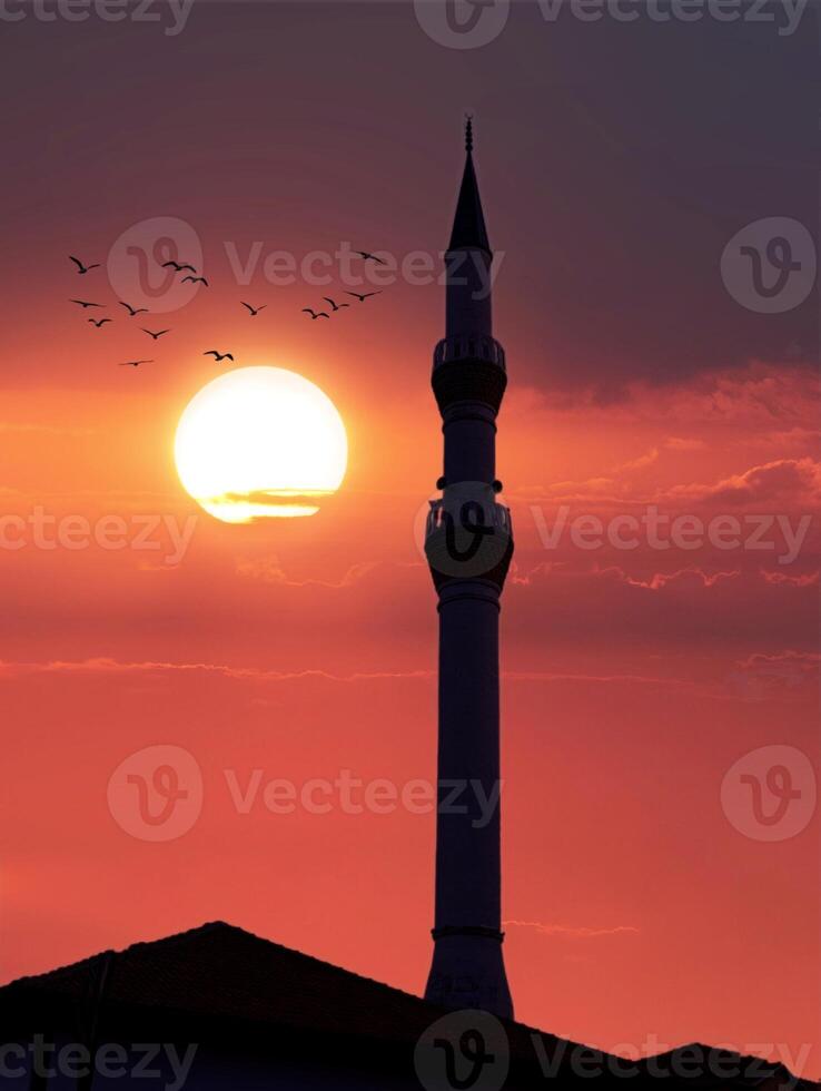 a large mosque with birds flying around it and the sun in the background. photo