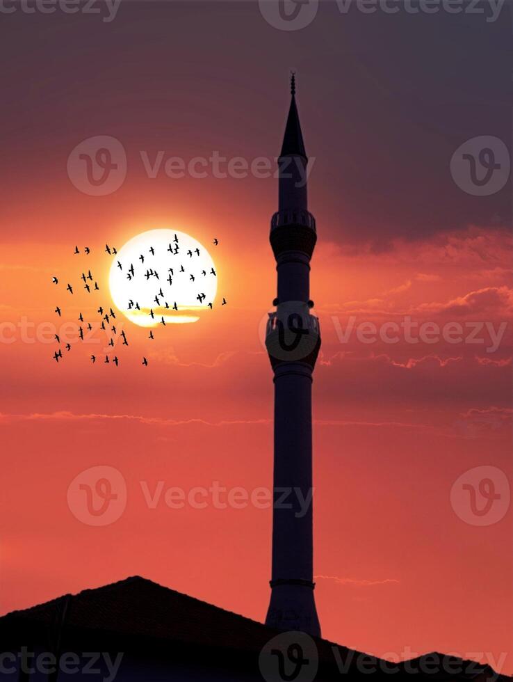 a large mosque with birds flying around it and the sun in the background. photo