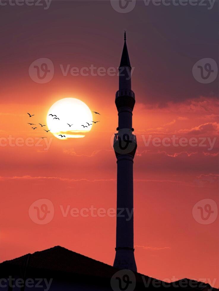 a large mosque with birds flying around it and the sun in the background. photo