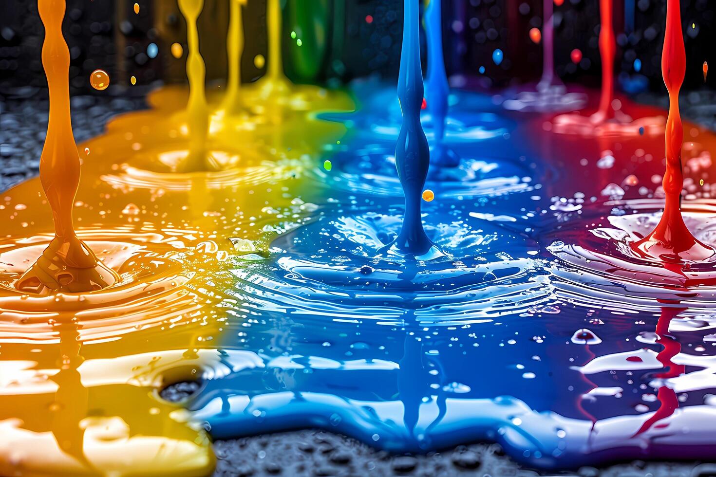 Rainbow-colored paint cascades onto a watery surface, producing vivid hues and mesmerizing ripples photo