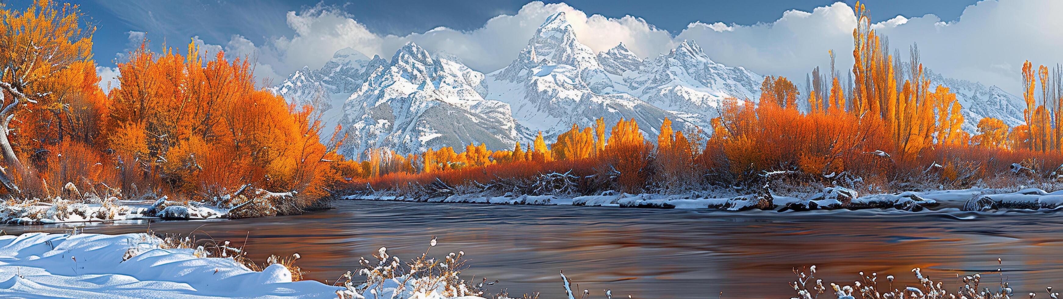 In autumn, a river meanders past snow-capped mountains and vibrant orange trees, while winter transforms the scene into a blanket of heavy white snow photo