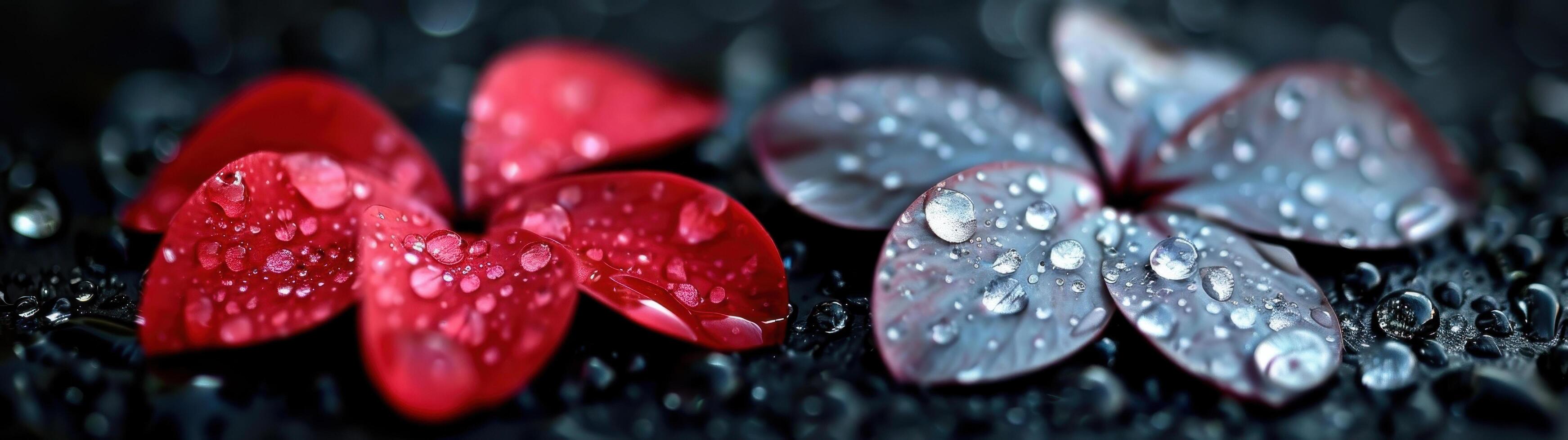 A close-up captures a red flower petal beside a gray one adorned with water droplets, set against a black background photo