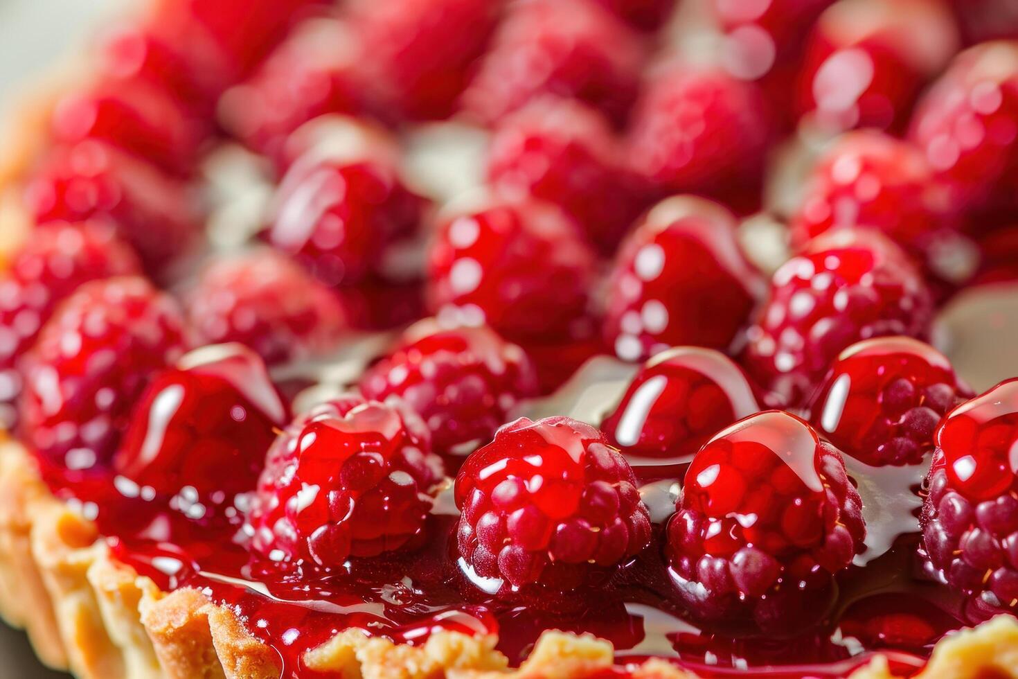 A close-up captures the glossy red jam and juicy berries adorning a fresh raspberry tart photo