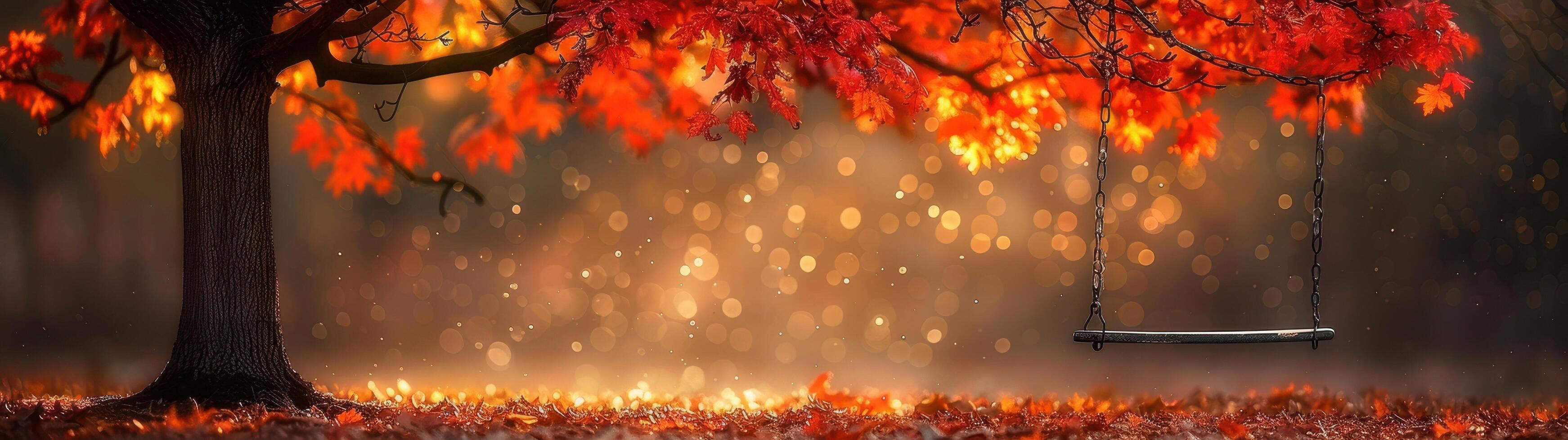 An autumn background features red leaves and a tree with a swing hanging from a branch, bathed in orange light and dotted with blurred bokeh lights photo