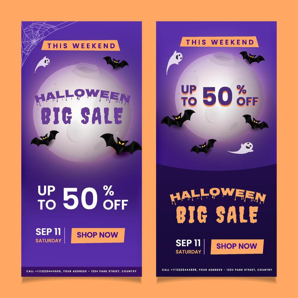 Vertical big sale banner template for halloween trick or treat with pumpkin and bat design elements. eps 10 vector