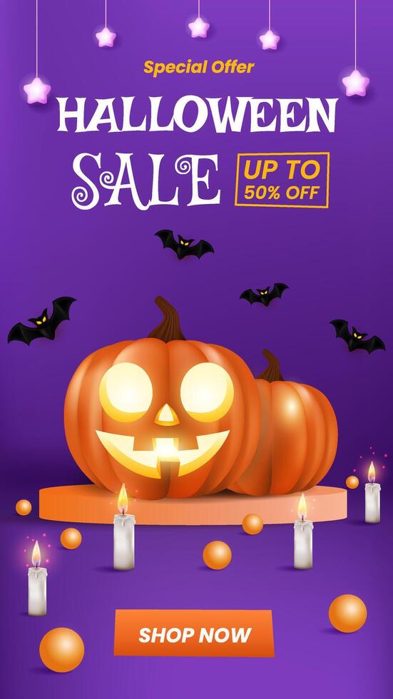 Vertical sale banner template for halloween trick or treat with pumpkin and bat design elements. eps 10 vector