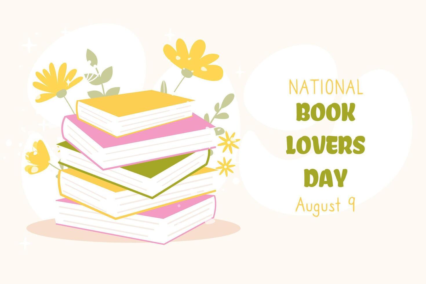 National Book lovers day illustration in flat cartoon style with hand drawn floral stack of books. Perfect for square banner, social media cover, greeting card and so on vector