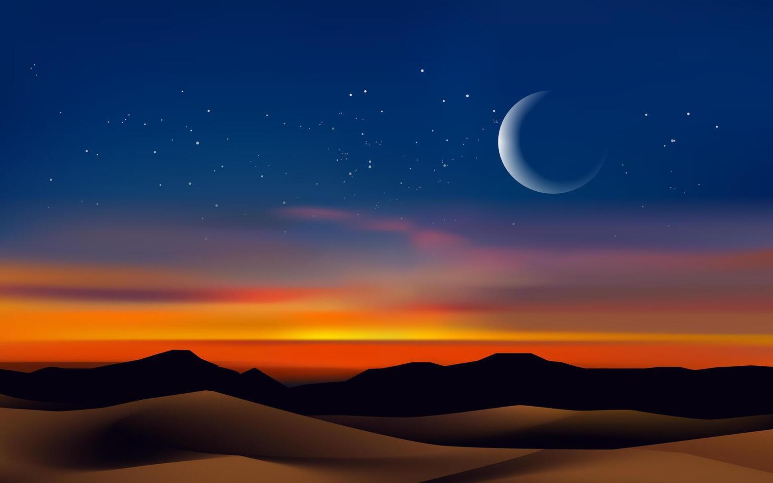 Evening sky over deset.Night landscape with moon and stars. vector