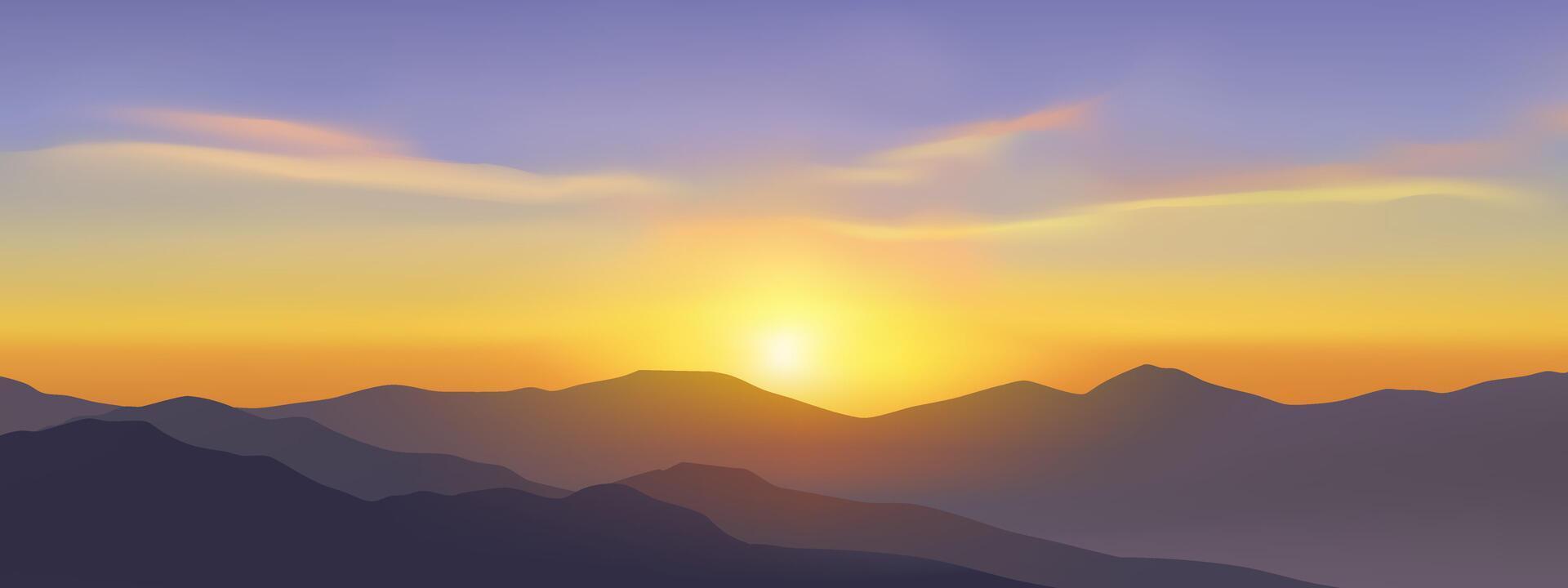 Sunset over mountain range with colorful sky vector