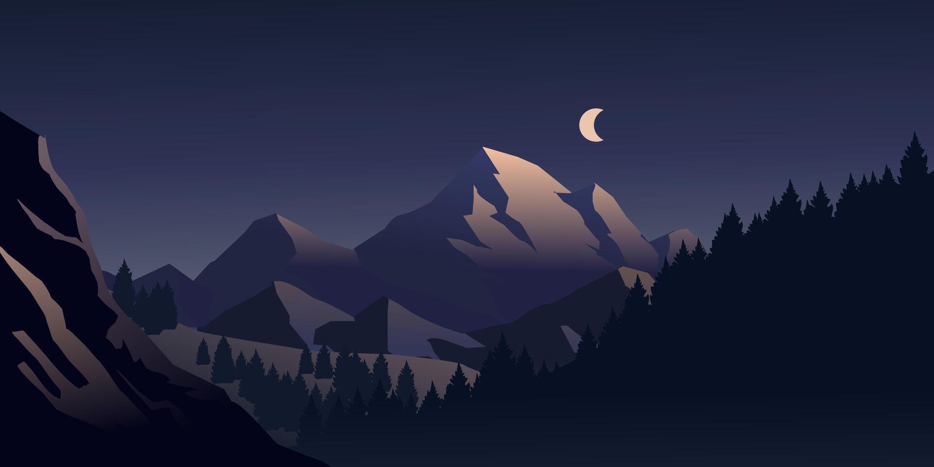 Beautiful serene night landscape with mountains and moon vector