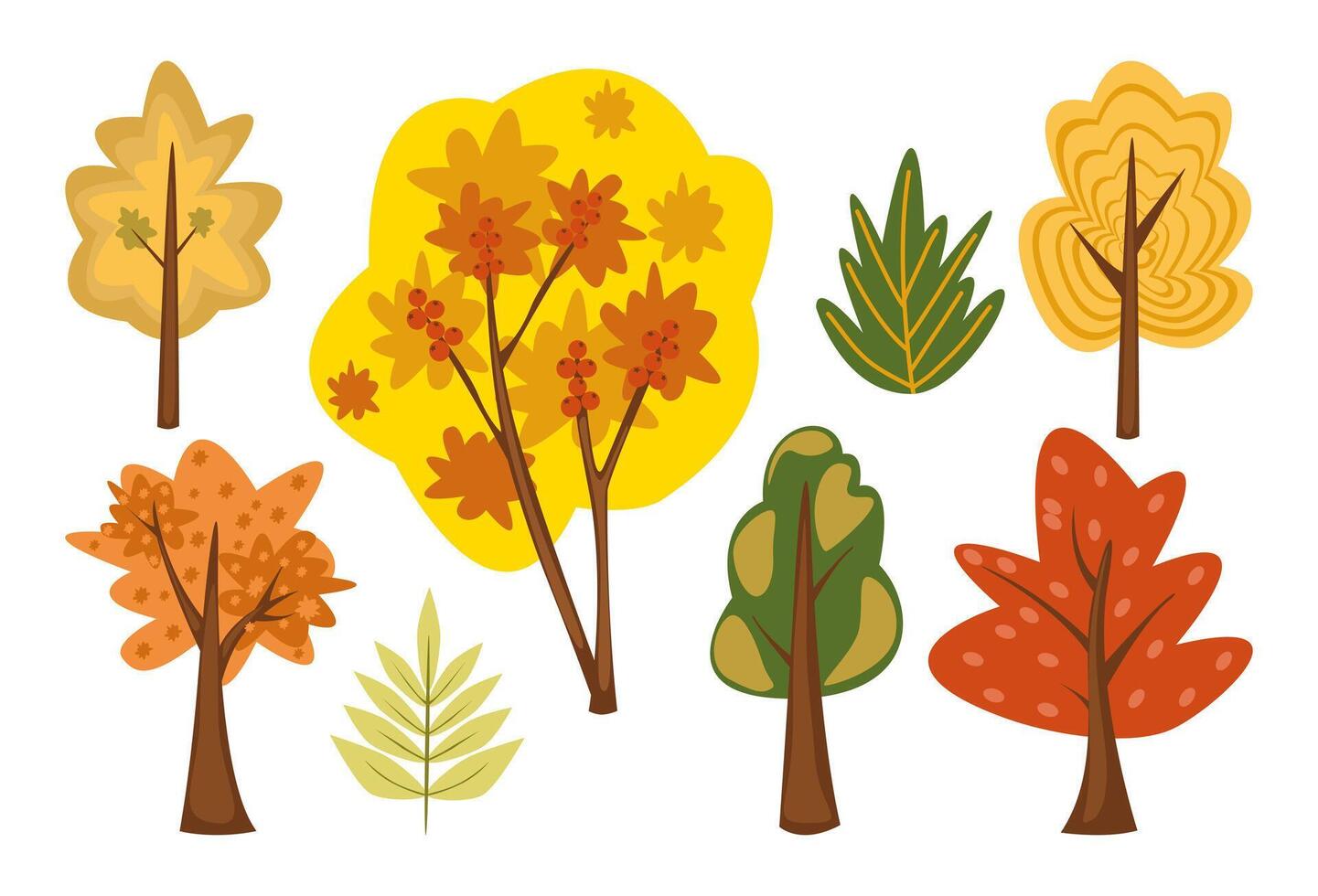 Autumn trees set with yellow, orange and green leaves. Magical autumn trees and bushes. Rowan berries. Illustration for children. vector