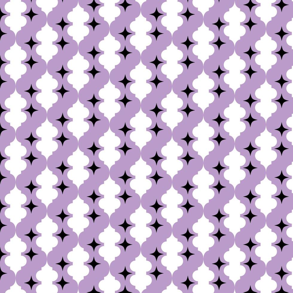 Repeating pattern, purple and white background, black fourpointed stars. Suitable for backgrounds, prints, textiles, and graphic designs. vector