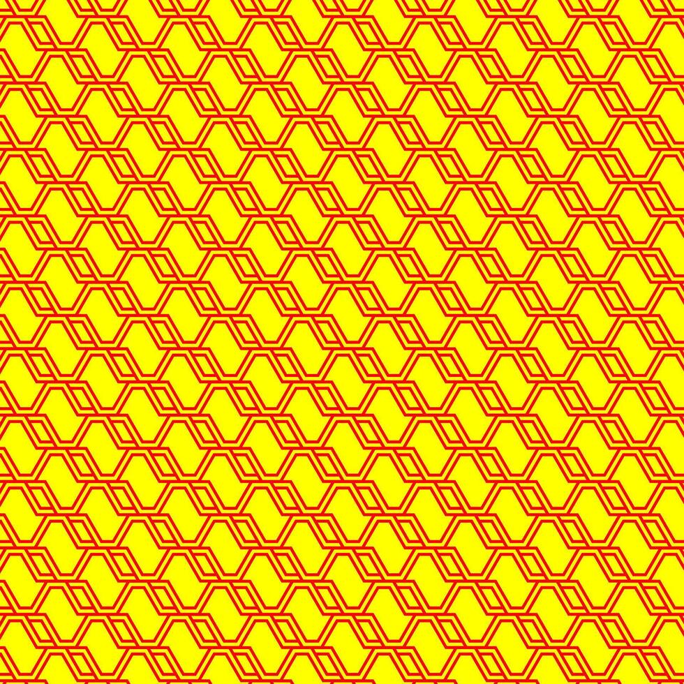 Red lines create hexagonal pattern on yellow. Suitable for backgrounds, abstract designs, geometric concepts, tech visuals, website banners. vector
