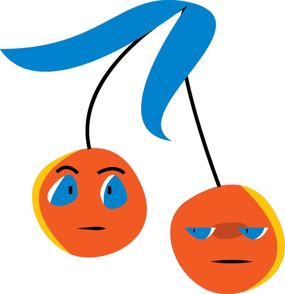 Two cherries personified with blue eyes and mouths on a clean white background. Perfect for food and beverage concepts or quirky designs. vector