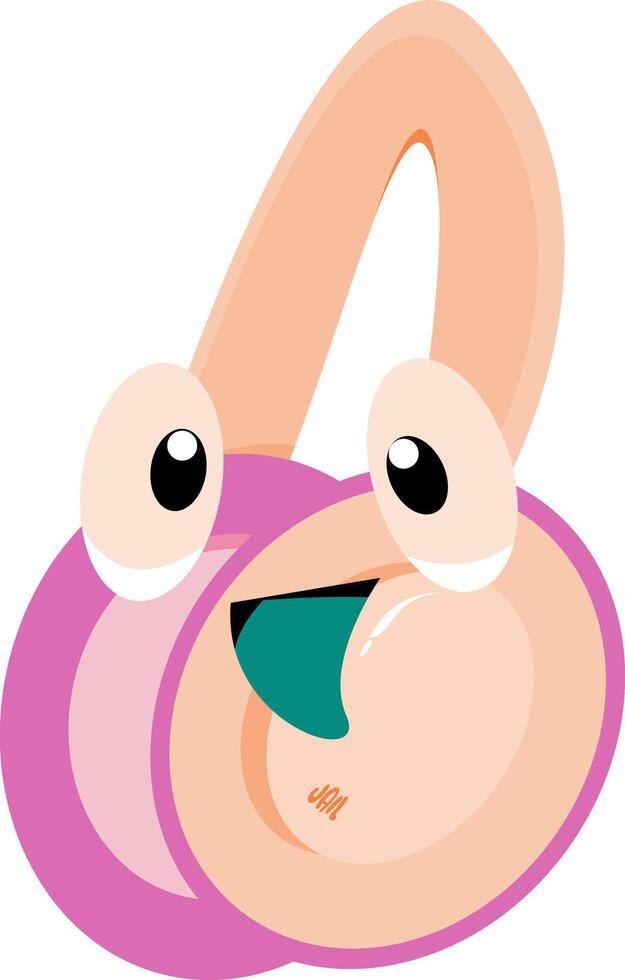 Smiling cartoon character with large eyes, pink body, and teal mouth suitable for childrens book illustrations, websites, and social media. vector