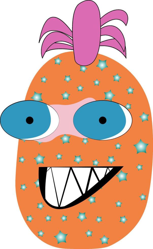 Orange Pineapple with stars, large eyes, and teeth. Suitable for fantasy illustrations, childrens books, and whimsical designs. Cute and playful character design. vector