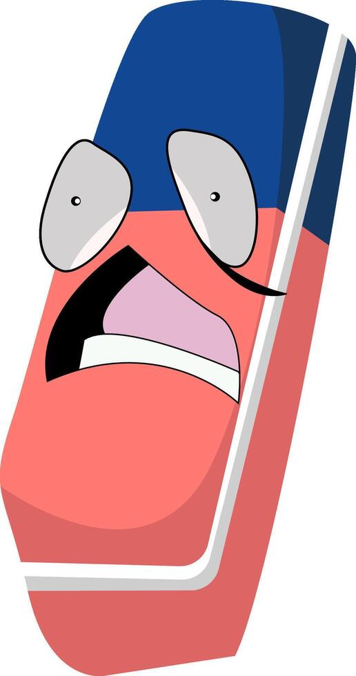 Pink eraser with blue top and scared expression, ideal for educational or backto school designs and content related to mistakes. vector