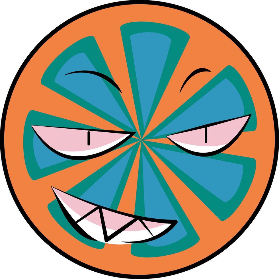 Whimsical and playful design with orange circle, blue and green stripes, winking eyes, and a wide grin. Ideal for kids products. Childrens accessories, packaging, book illustrations, clothing. vector