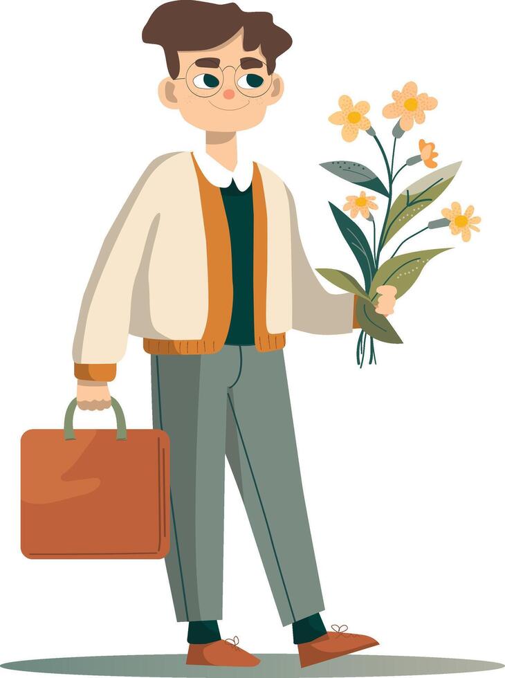 Young man with flowers, flat illustration vector
