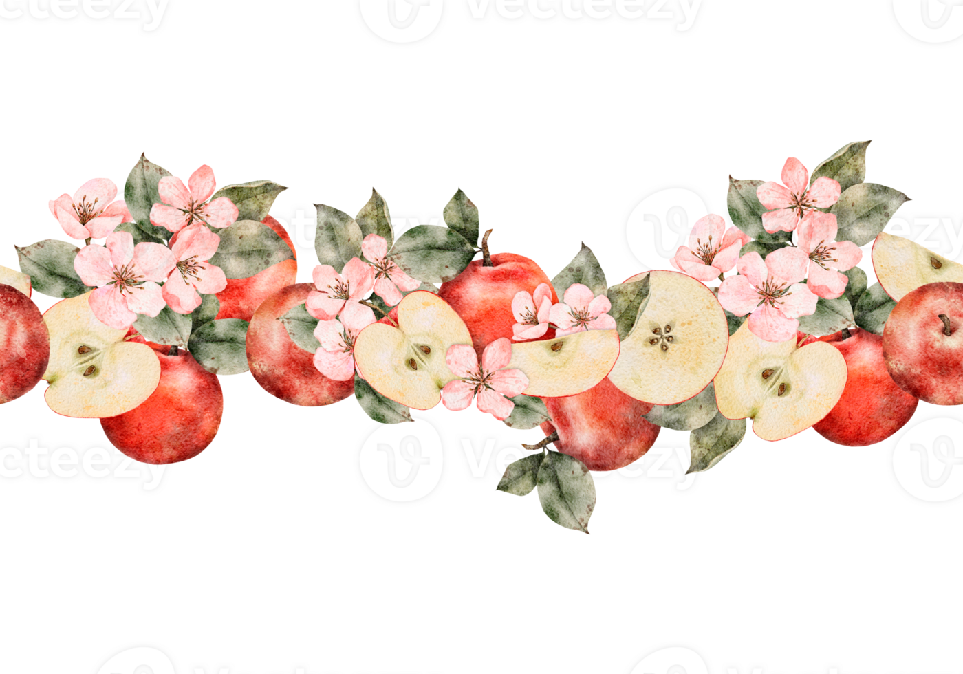 Seamless border of fresh red apples with leaves and flowers. Food texture. Repeating red, juicy apples whole. Watercolor Illustration fruit for juice pack, tablecloth, cover, apron, apple picking or png