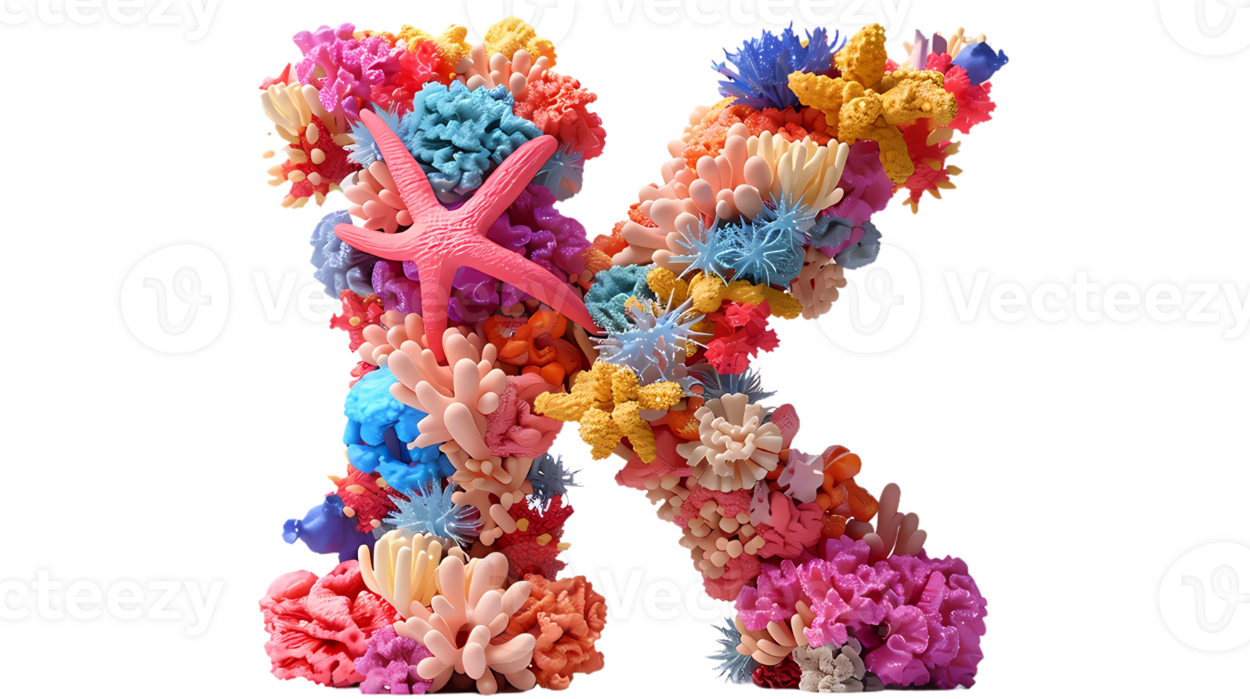 a letter k made of colorful coral and starfish png
